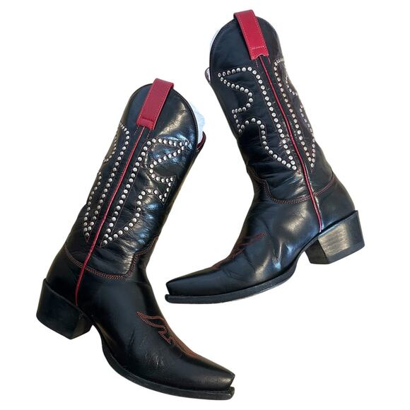 Frye Vintage Black and Red Leather Pointed Toe Daisy Dukes Cowgirl Boots 6.5 - Picture 12 of 13